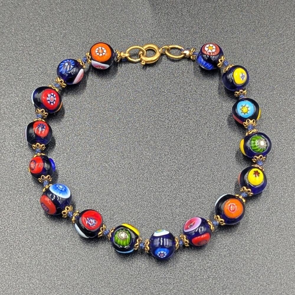 Vintage Millefiori Glass Bead Bracelet – Cobalt Blue w/ Multicolor Floral Canes